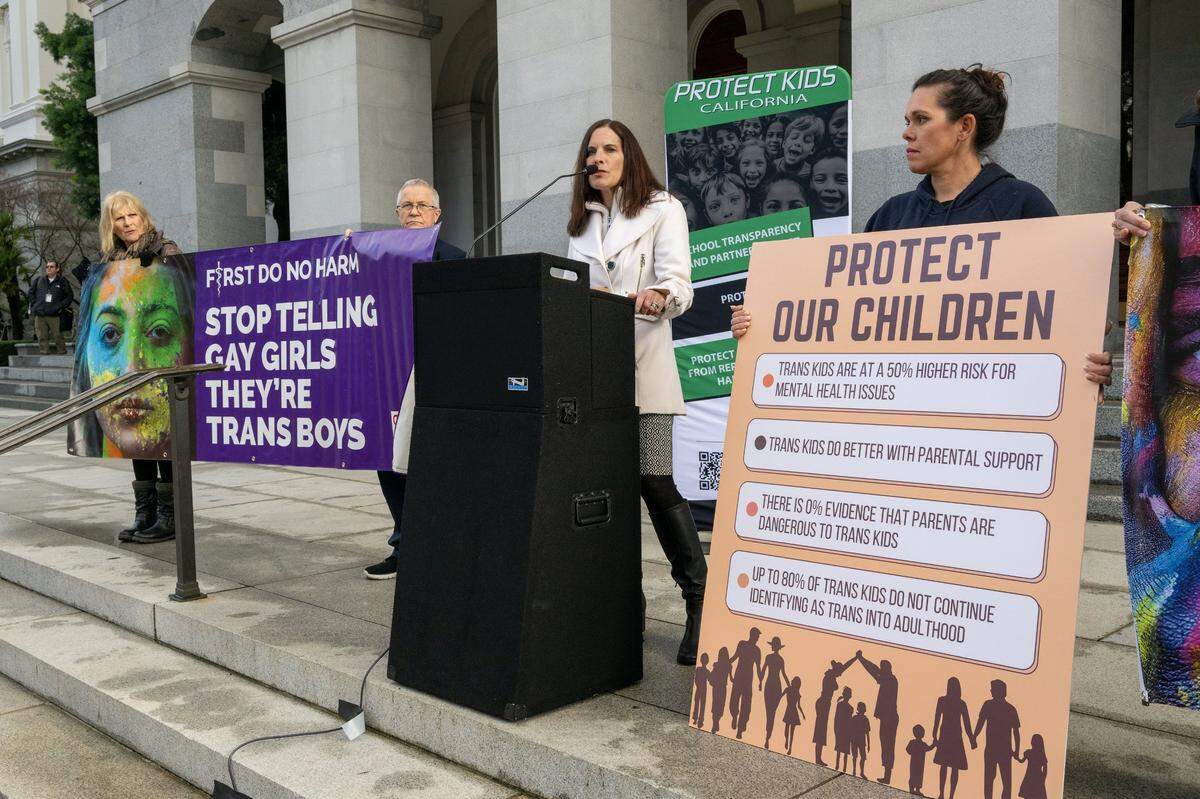 Parent’s rights activist Erin Friday announces during a press conference at the state Capitol in January that her group Protect Kids California would sue California Attorney General Rob Bonta over the “biased” ballot title he gave to her group’s proposed initiative. The initiative did not receive enough signatures to qualify for the ballot.