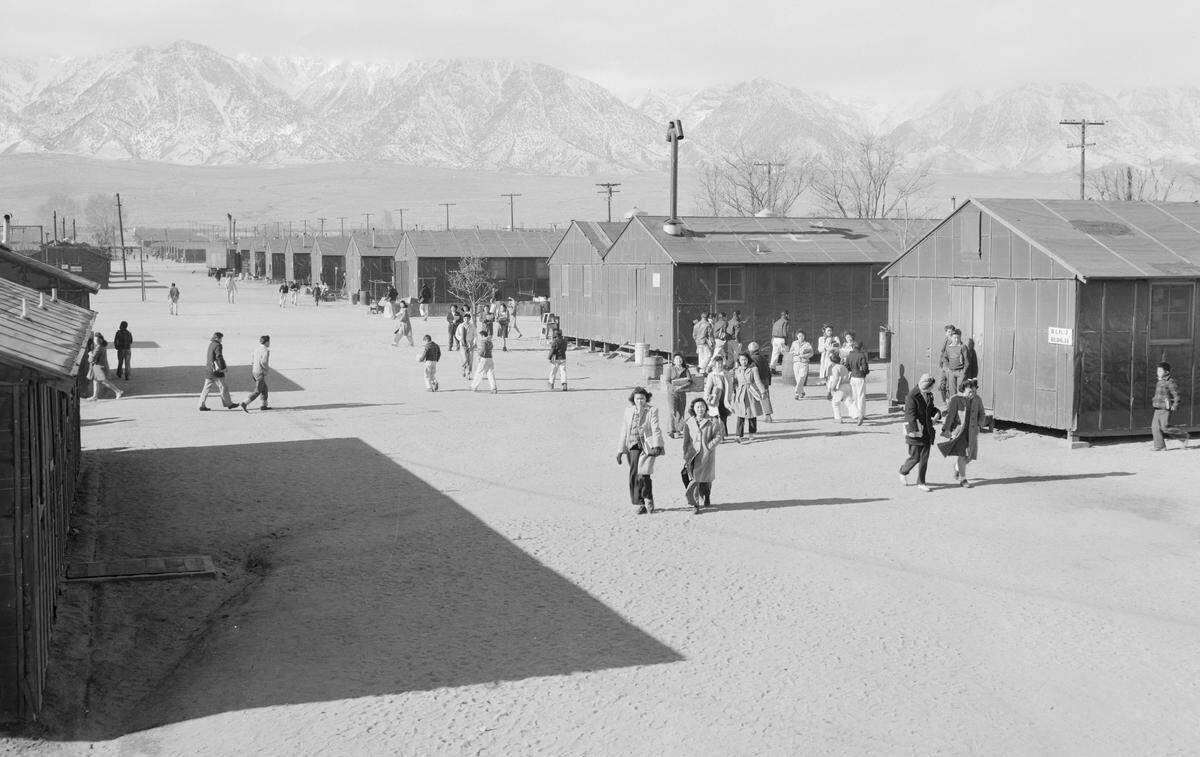 Incarcerated Japanese American high school students take recess at Manzanar Relocation Center in California in 1943.