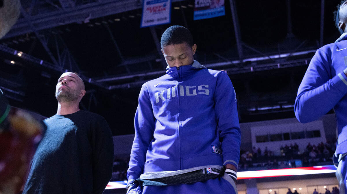Sacramento Kings guard De’Aaron Fox (5) stands for the National Anthem during an NBA game between the Sacramento Kings and the LA Clippers on Friday, March, 3, 2023 at Golden 1 Center in Sacramento.