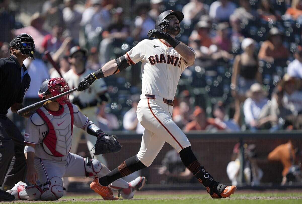 Bryce Eldridge of the San Francisco Giants hits a walk-off grand slam home run in the bottom of the ninth inning to defeat the Washington Nationals, 11-10, on Wednesday, at Oracle Park in San Francisco.