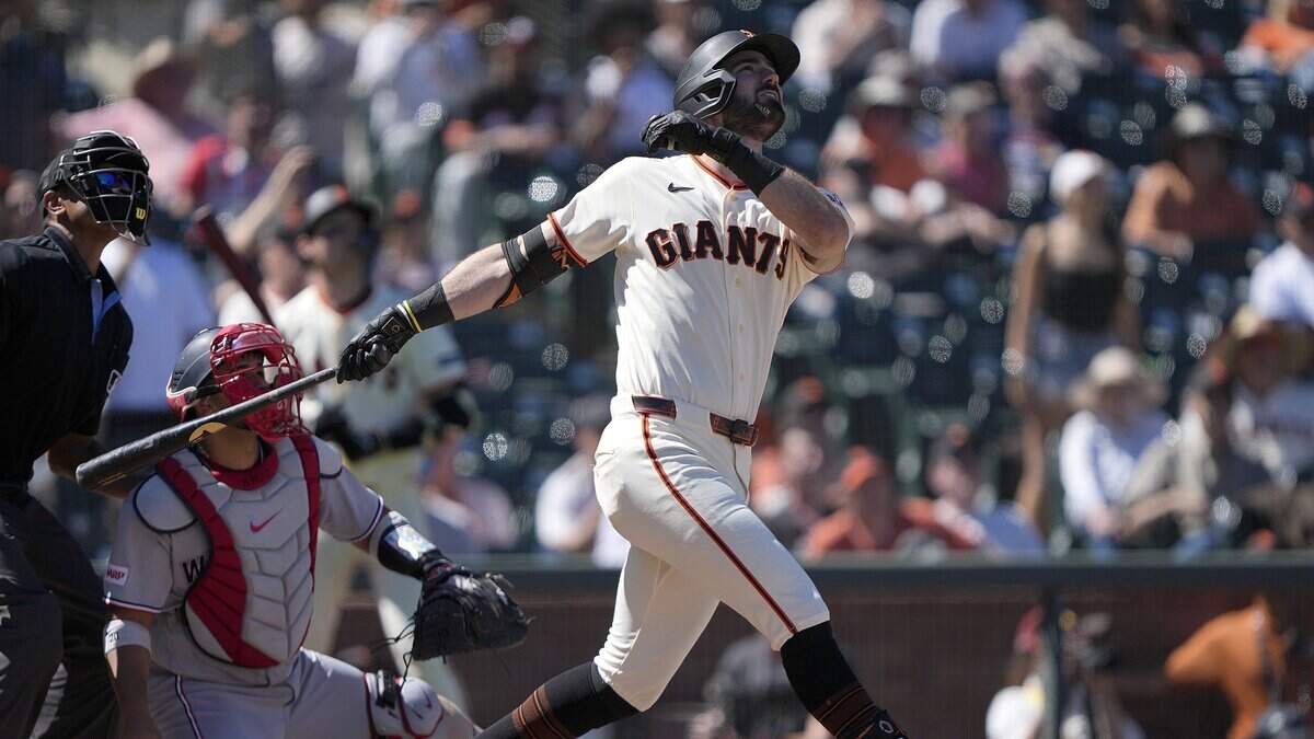 Bryce Eldridge of the San Francisco Giants hits a walk-off grand slam home run in the bottom of the ninth inning to defeat the Washington Nationals, 11-10, on Wednesday at Oracle Park in San Francisco.