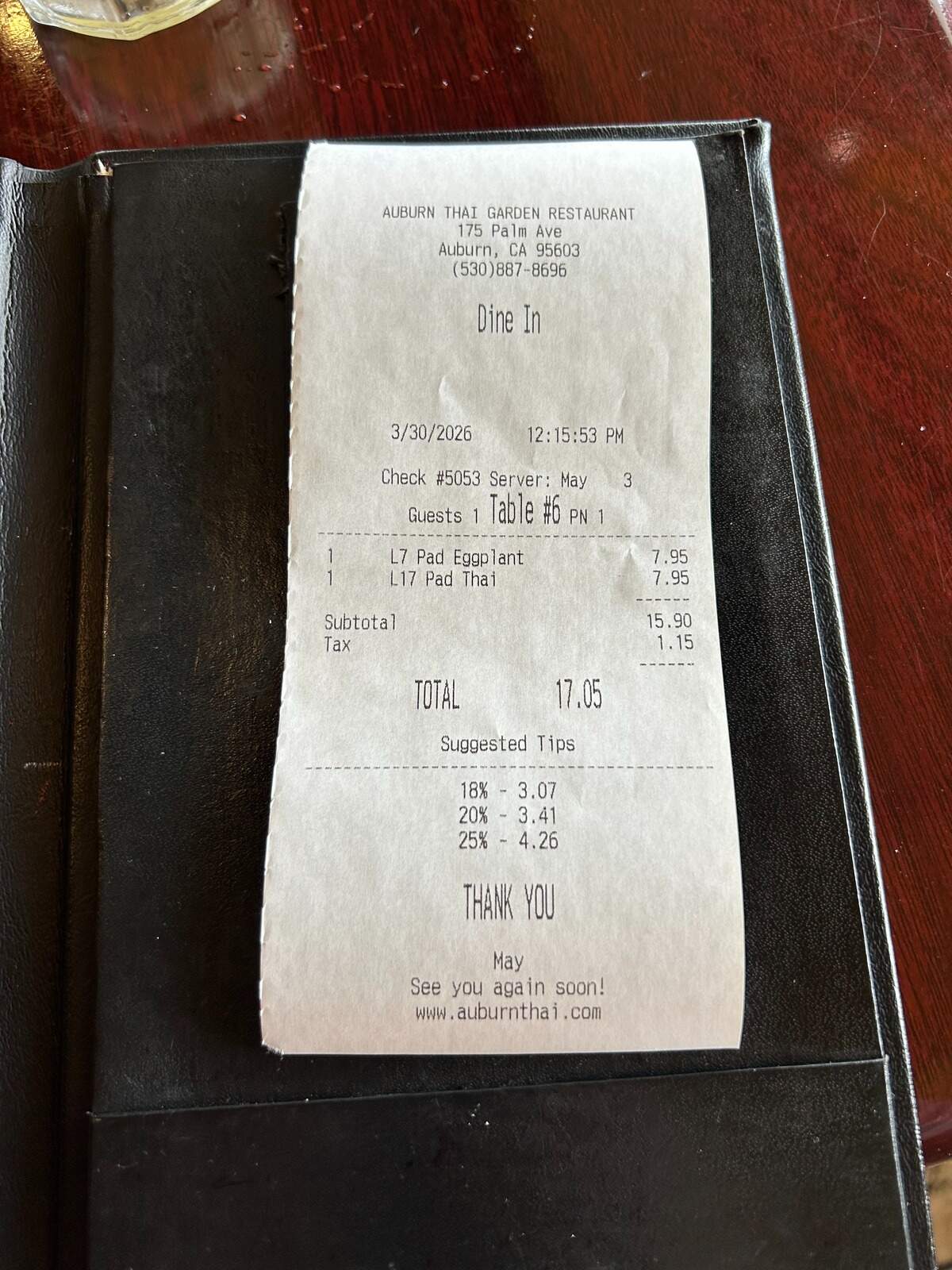 Pad thai and pad eggplant were both less than $8 on Auburn Thai Garden’s lunch menu.