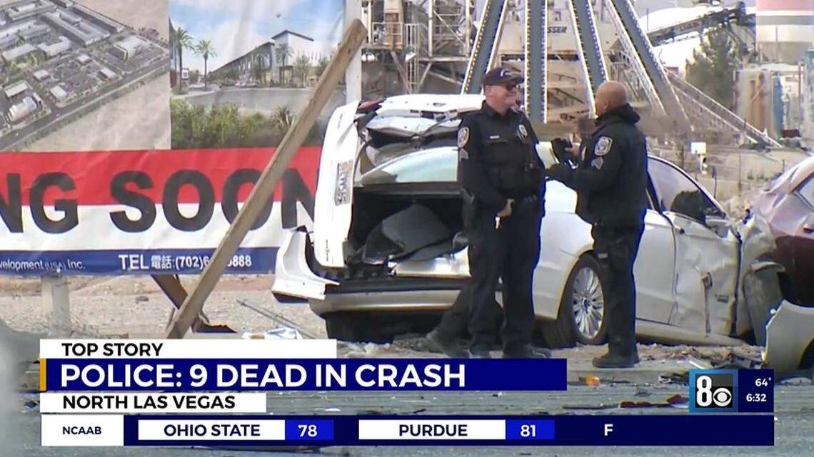 Nine people, including a family of seven, died in a six-vehicle pileup when a car ran a red light at 100 mph in North Las Vegas, Nevada, police say.