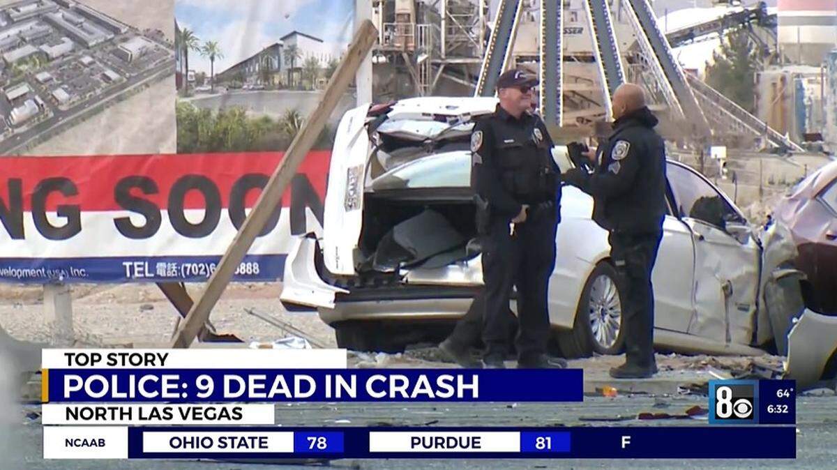 Nine people, including a family of seven, died in a six-vehicle pileup when a car ran a red light at 100 mph in North Las Vegas, Nevada, police say.