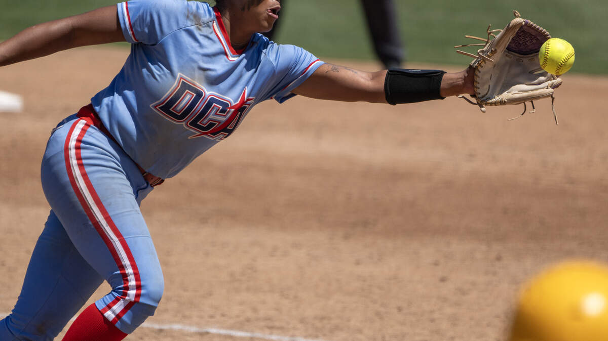 The Destiny Christian Academy Lions' Ayla Tuua (19) fields a ground ball to throw out the Vanden Vikings baserunner the 4-1 victory over the Vanden Vikings on Saturday, May 23, 2026, in the CIF Sac-Joaquin Section Division IIl softball championship at Sacramento State.