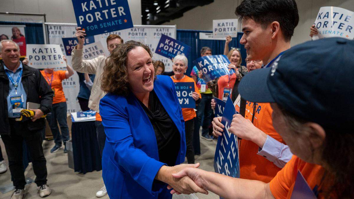 Rep. Katie Porter, seen here at a November convention in Sacramento, accuses Adam Schiff of trying to keep her off the November ballot. Schiff just dropped an ad that could lead more conservatives to vote for Republican candidate Steve Garvey.