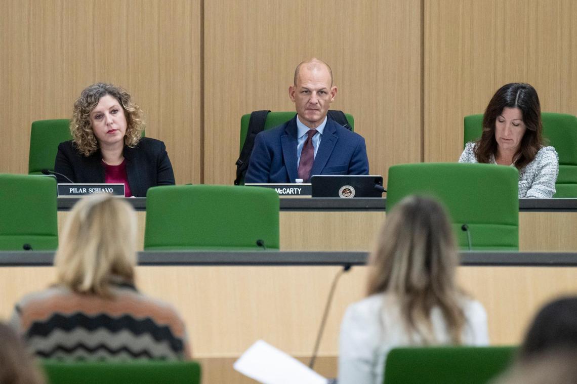 Members of the Assembly Select Committee on Retail Theft, including Kevin McCarty, D-Sacramento, center, listen to California Retailers Association president Rachel Michelin, left, during the committee’s first hearing on Tuesday.