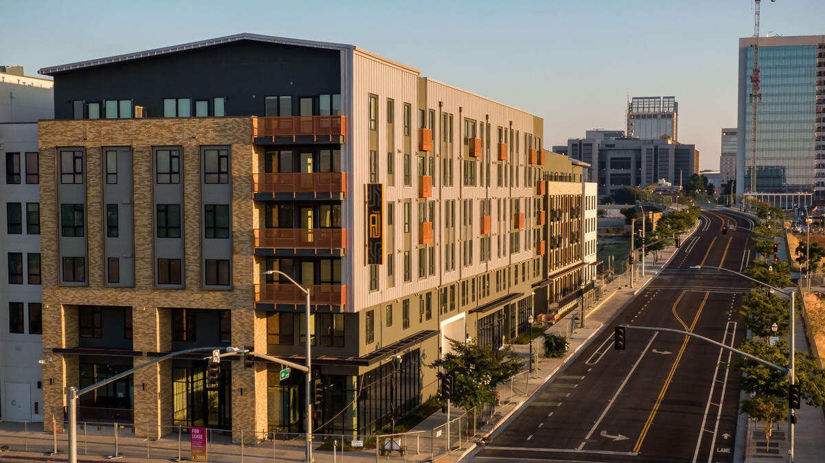 The A.J., the first completed housing project in The Railyards, is seen in a drone photo July 19, 2023. A Sacramentan urges the city council to require 25% affordable housing in the Railyards.