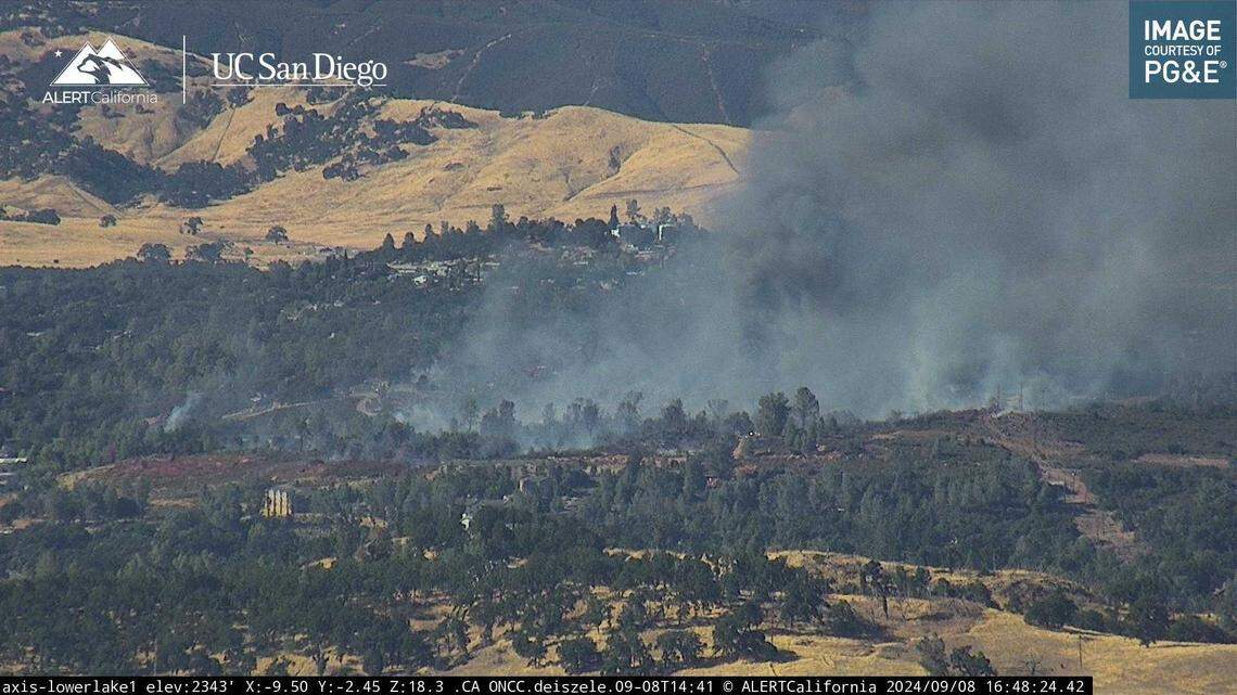 The Boyles Fire is seen in an image captured by a fire surveillance camera in Lower Lake on Sunday, Sept. 8, 2024. The wildfire has prompted evacuations in the Lake County town of Clearlake.