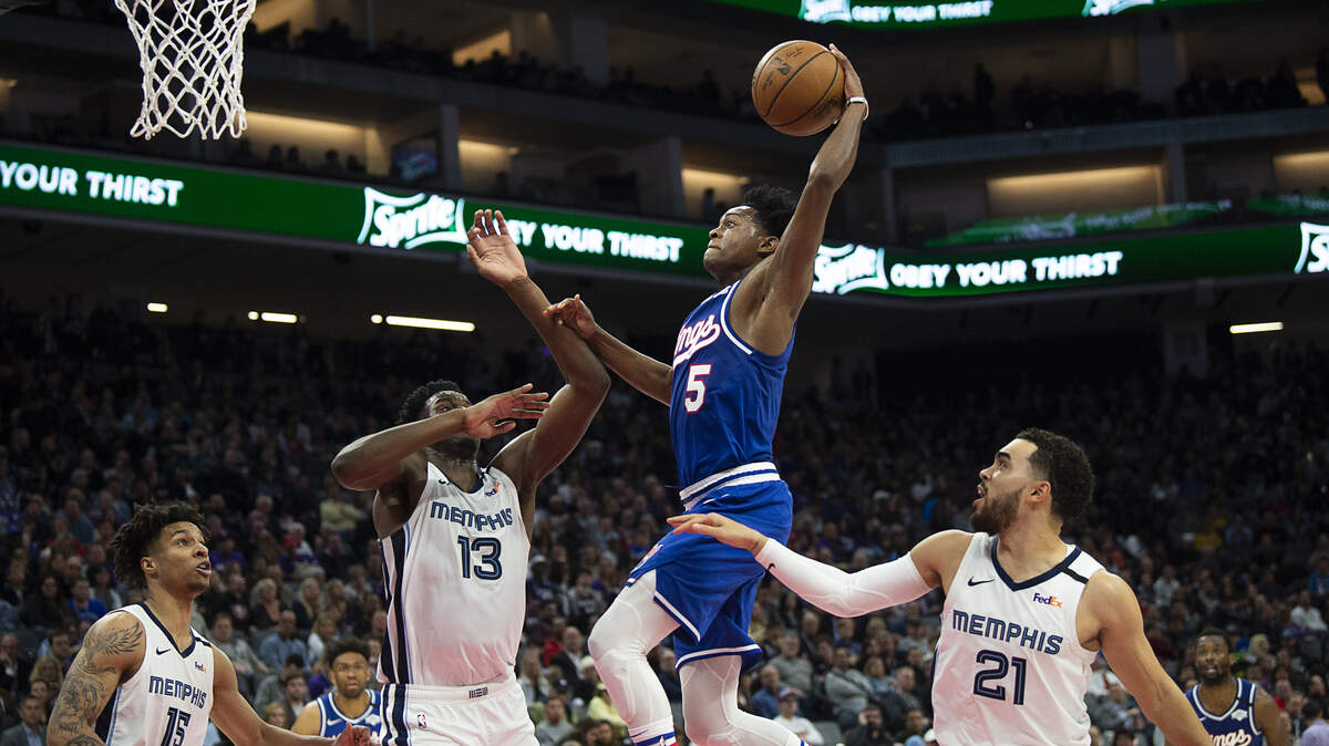 Sacramento Kings forward De’Aaron Fox (5) shoots over Memphis Grizzlies forward Jaren Jackson Jr. (13) during a game at Golden 1 Center on Thursday, Feb 20, 2020 in Sacramento.