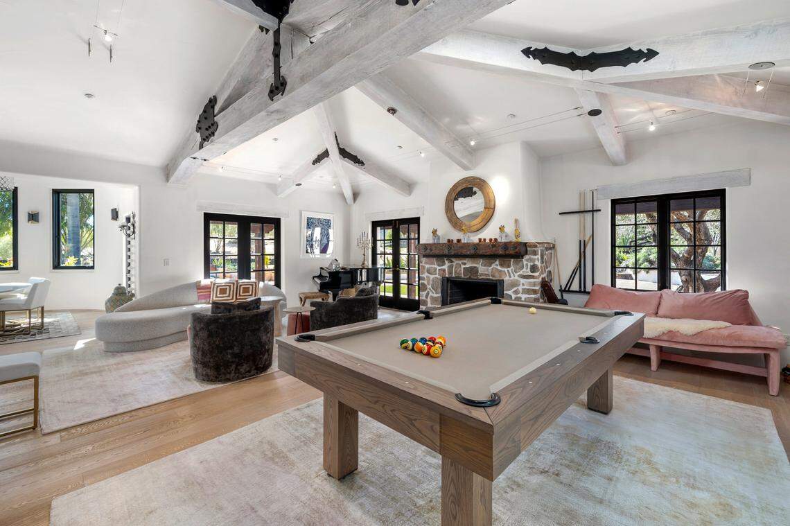 The interior living space at Casa Contenta in Avila Beach, highlighted by soaring wood-beam ceilings, spans 6,000 square feet.