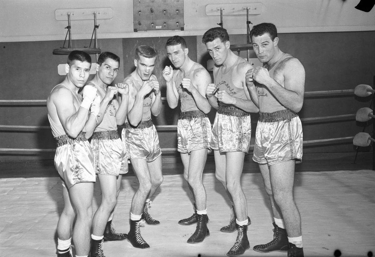 The Sacramento State Hornets boxing team, the last one before the NCAA disbanded the sport, demonstrates their form in advance of the 1960 Pacific Coast Intercollegiate Boxing Championships. The team included, from left, Pros Montana, Frank Reynoso, George Waggoner, Dave Smith, Terry Smith and Norm Tavalero.