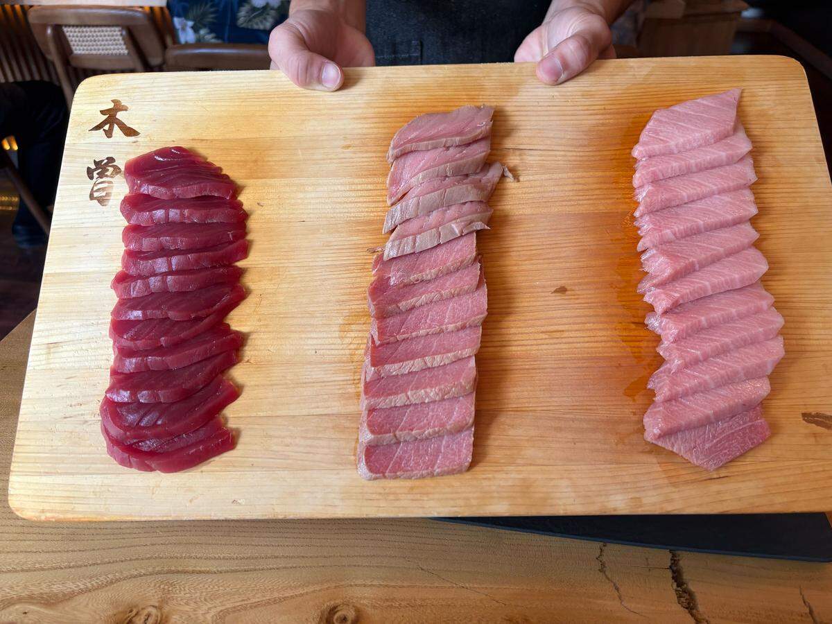 A trio of tuna at Hikari Sushi & Omakase in Davis. The chefs serve the fish one after another, starting from the leanest cut and working up to the fattiest.