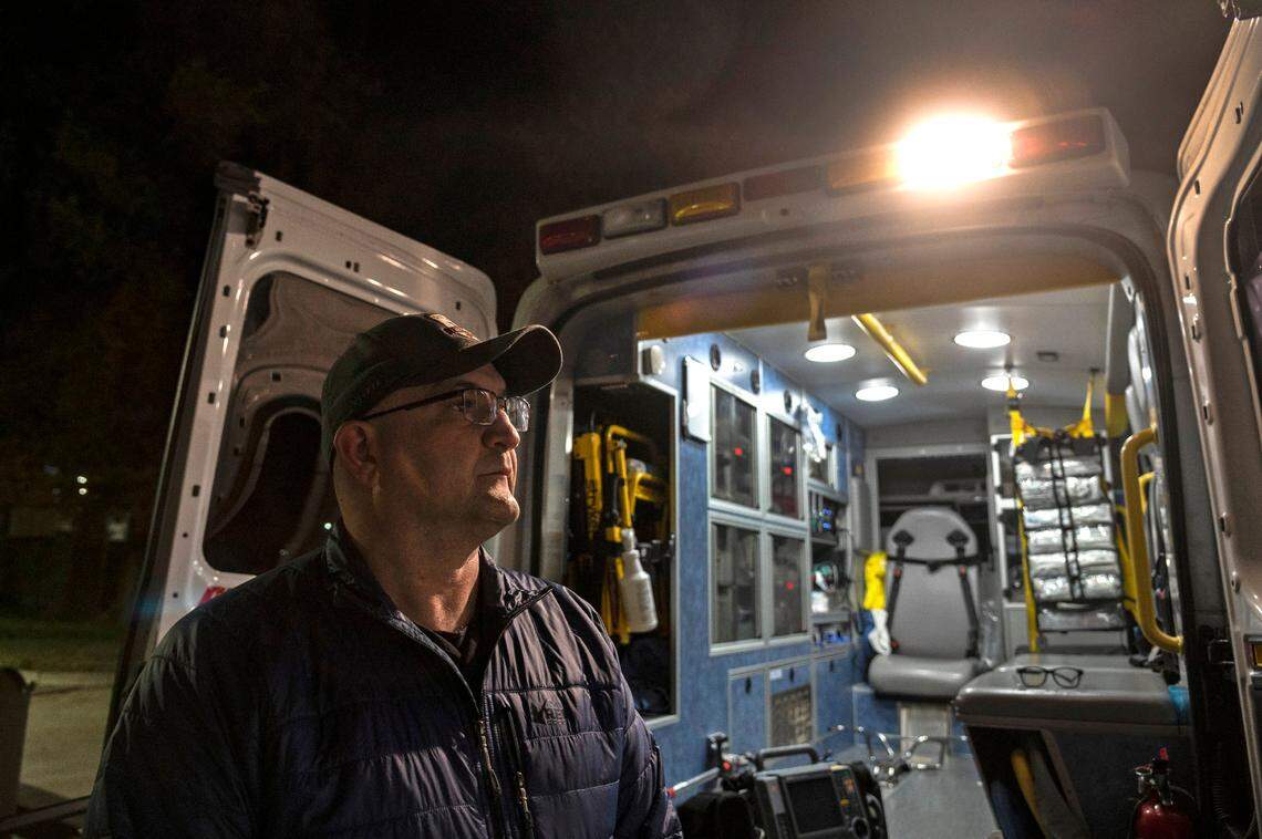 Paramedic Arlen Soghomonians stands next to an ambulance outside Woodland Memorial Hospital on Tuesday, Dec. 15, where he helped transport Quinton Watts after the bus crash in 2008. “I hope they let him out,” said Soghomonians.