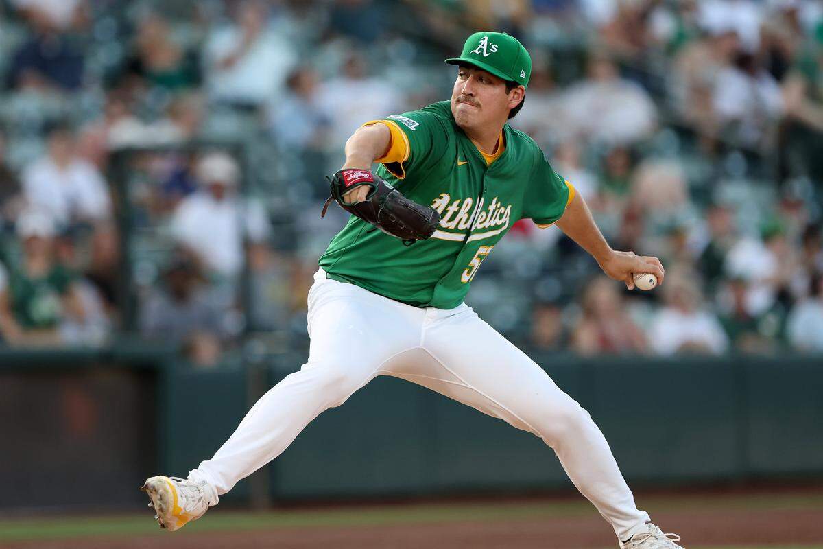 Jun 3, 2025; West Sacramento, California, USA; Athletics pitcher Jacob Lopez (57) throws a pitch against the Minnesota Twins during the third inning at Sutter Health Park. Mandatory Credit: Dennis Lee-Imagn Images