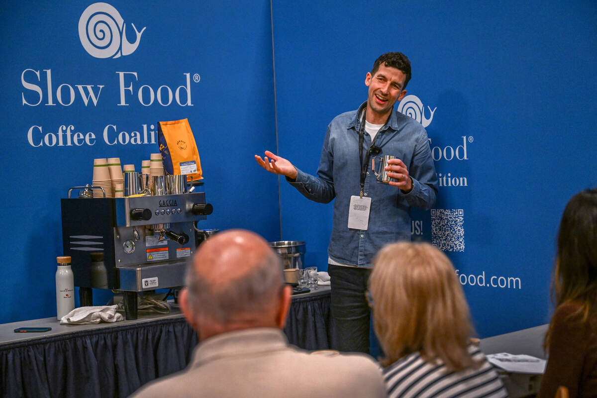 Francesco Impallomeni, from Italy but based in Copenhagen, teaches a barista class for the Nordic Roasting Co. at the inaugural Terra Madre Americas event at the Sacramento Memorial Auditorium on Friday.