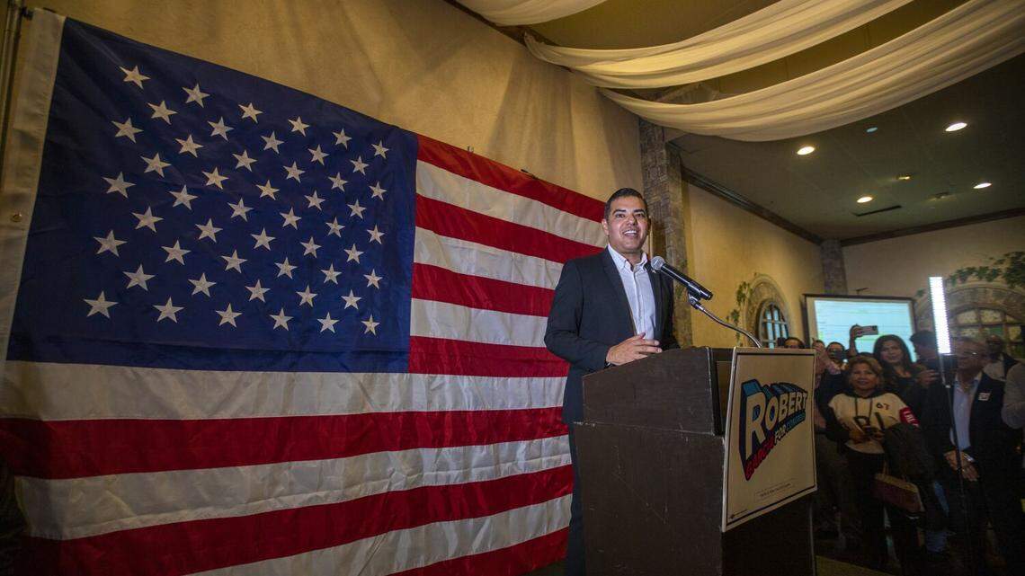 Long Beach, CA - November 08: US Congressional candidate Robert Garcia speaks to his supporters election night celebration on Tuesday, Nov. 8, 2022, in Long Beach, CA. LA County Sheriff candidate Robert Luna and US Congressional candidate Robert Garcia will host their campaign supporters on Election Night at The Grand in Long Beach. (Francine Orr / Los Angeles Times)