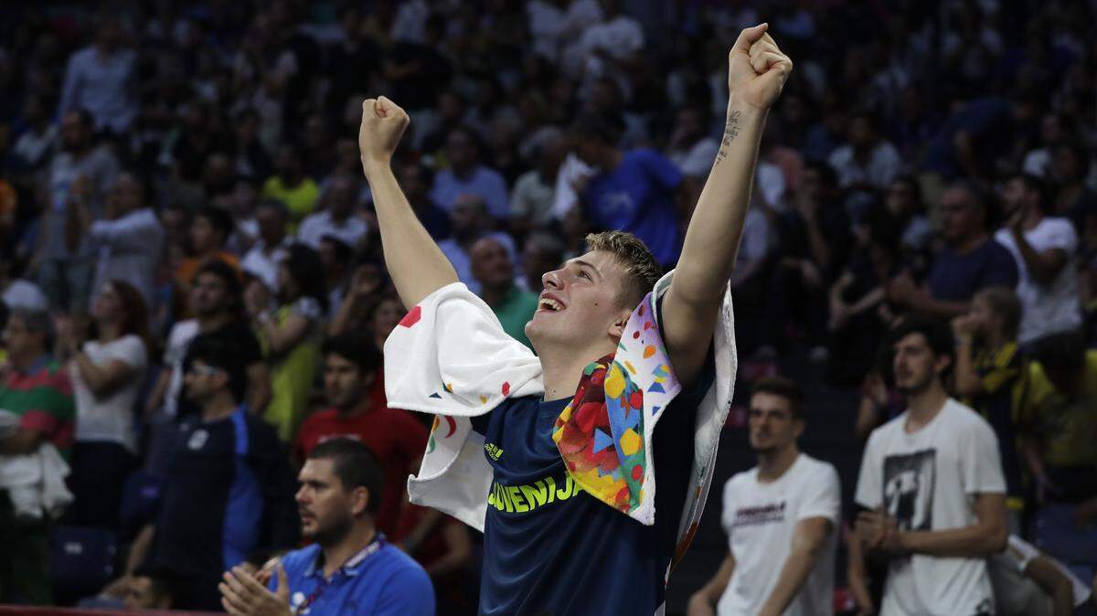 Slovenia's Luka Doncic celebrates during the Eurobasket European Basketball Championship final match against Serbia in Istanbul on Sunday, Sept. 17, 2017.