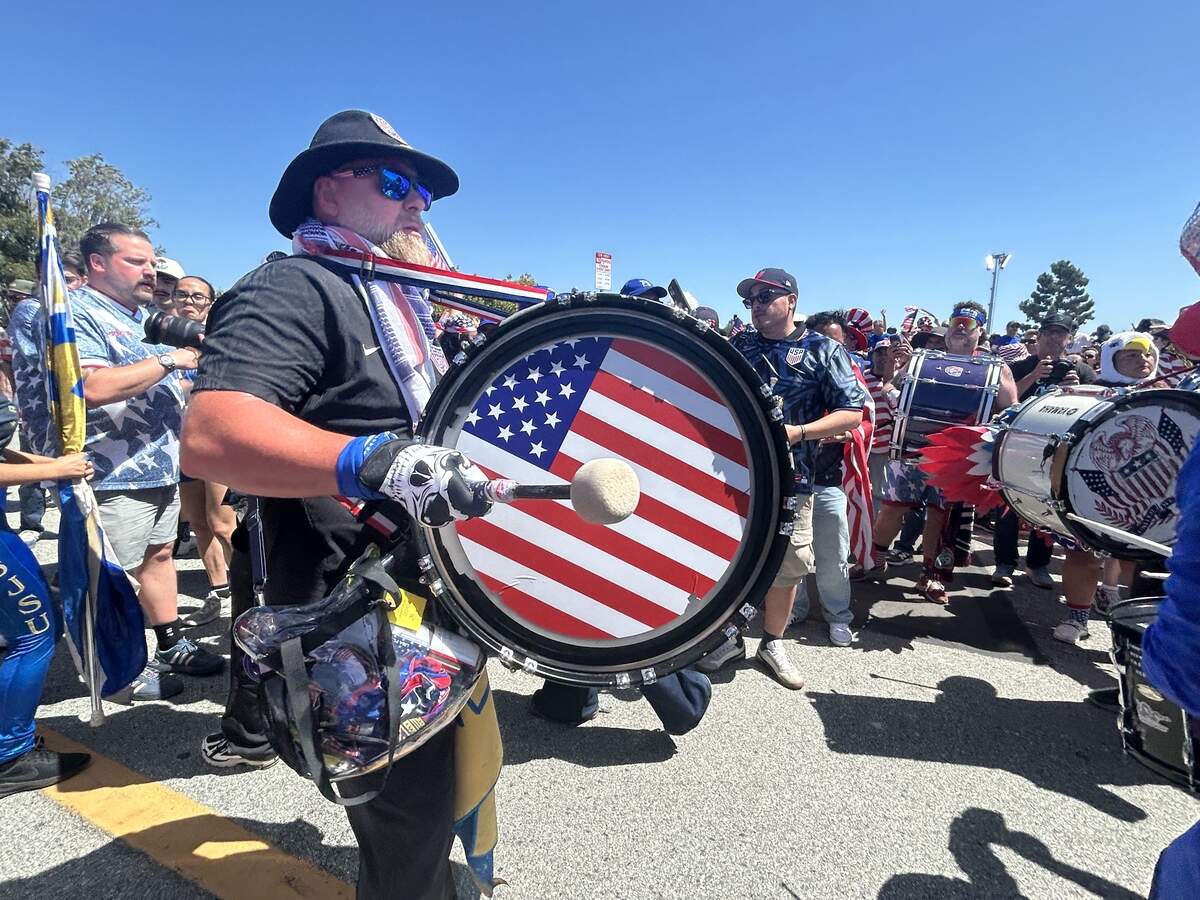U.S. men’s soccer fans march toward Levi’s Stadium for the World Cup Round of 32 game Wednesday, between the U.S. and Bosnia and Herzegovina in Santa Clara.