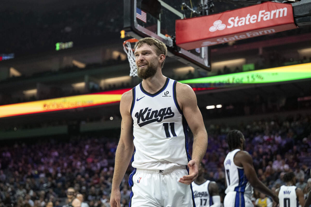 Sacramento Kings center Domantas Sabonis (11) reacts after a call during a game at Golden 1 Center in Sacramento on Sunday, Nov. 9, 2025.