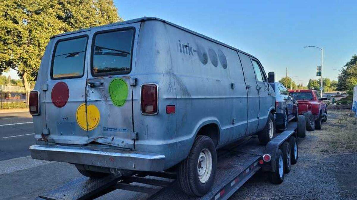 The van used by Blink-182 in the 2001 “Rock Show” music video is seen on a trailer headed from Sacramento to Austin, Texas, after a couple there tracked down the prop to an auto shop on Elvas Avenue this summer. The Dodge Ram van, which did not run, had sat there and at a home on 65th Street Expressway for decades.