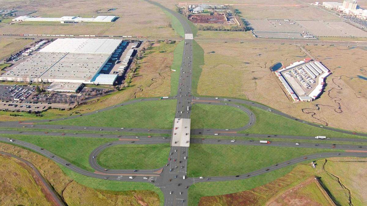 Artist rendering shows the planned first interchange of the Placer Parkway, looking west from Highway 65 toward Foothills Boulevard. The Placer County Board of Supervisors awarded a $61 million contract to Teichert to begin construction on a 1½-mile stretch of the eventual 15-mile expressway linking Lincoln to Highway 99 and 70 in Sutter County.