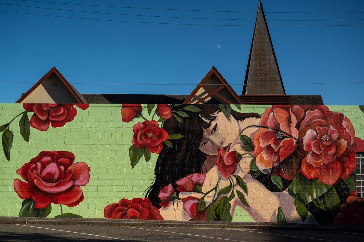 Artist Madelyne Joan Templeton’s “Native Florals & Patterns,” painted with assistance from Richard Jacobo on the side of Lucy’s Hair Salon at 104 Lincoln Street, is seen Wednesday, Oct. 13, 2021, in Roseville.