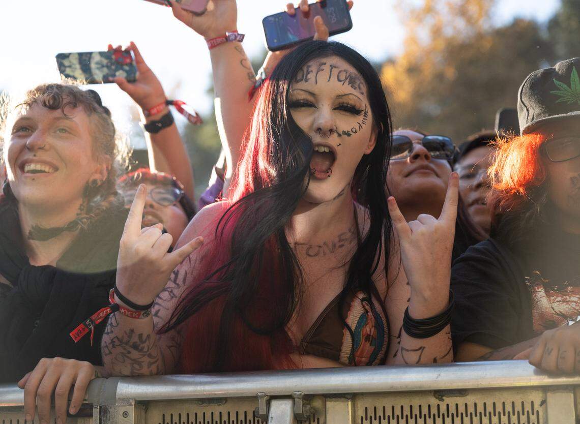Deftones fan Kaylin Snider of Sacramento readies herself for the band during the Aftershock festival on Friday, Oct. 3, 2025, in Discovery Park in Sacramento.  