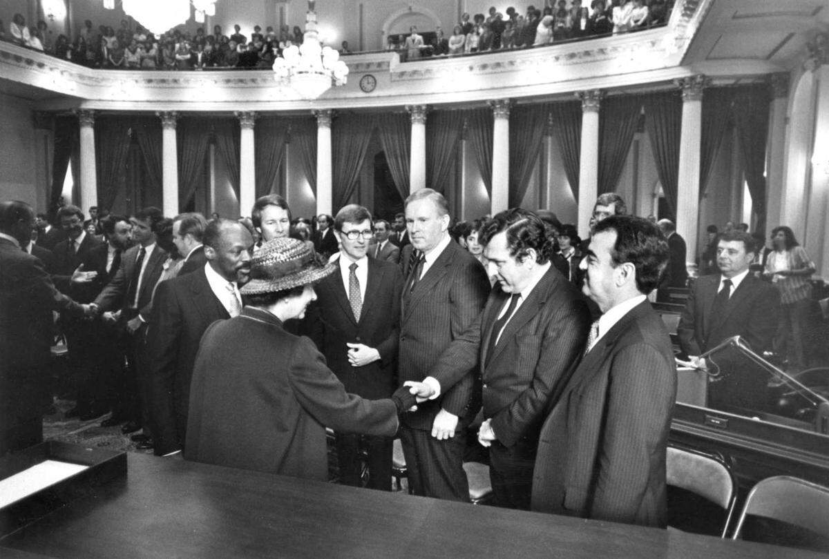 Queen Elizabeth greets members of the California Legislature in the Assembly Chambers of the state Capitol on March 4, 1983.