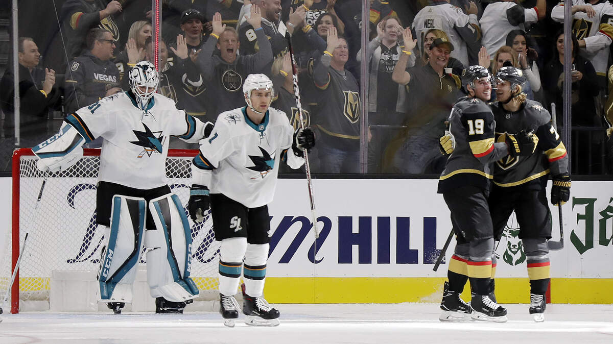 Vegas Golden Knights players, right, celebrate a goal against the Sharks on Wednesday in Las Vegas. The Sharks, who lost 4-1, will host the Golden Knights on Friday in San Jose.