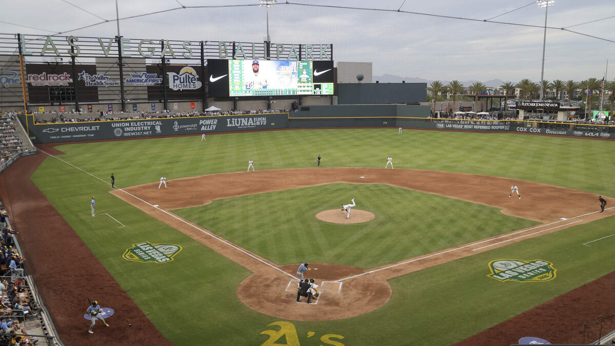 Jeffrey Springs of the Athletics pitches against the Milwaukee Brewers during the second inning of a game at Las Vegas Ballpark on Monday in Las Vegas, Nevada. The game was the first of a six-game set in Vegas, soft launching the A’s to their future home.