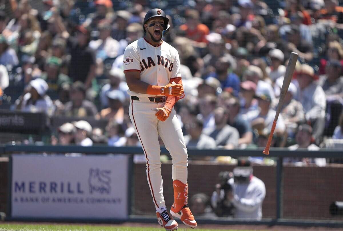 SAN FRANCISCO, CALIFORNIA - JUNE 25: Victor Bericoto #78 of the San Francisco Giants reacts after hitting a two-run home run against the Athletics in the bottom of the six inning at Oracle Park on June 25, 2026 in San Francisco, California. (Photo by Thearon W. Henderson/Getty Images)