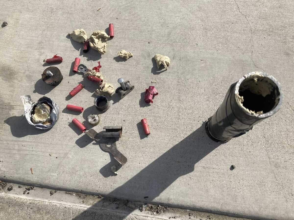 Authorities on Tuesday March 2, 2021, found a pipe bomb (pictured above) with metal shrapnel, gasoline, and fireworks with gun powder inside, along with a loaded homemade gun at Baker Elementary School in South Sacramento, California.