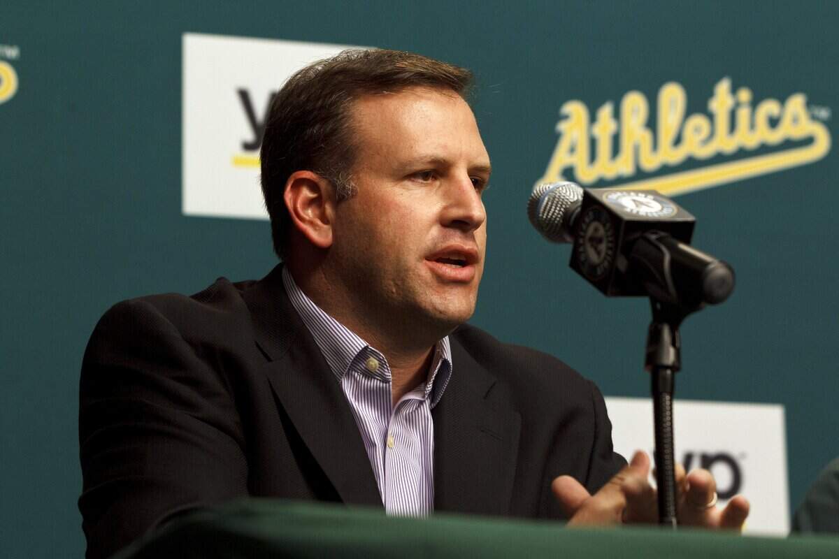OAKLAND, CA - AUGUST 01:  Assistant general manager David Forst of the Oakland Athletics speaks during a press conference before the game against the Kansas City Royals at O.co Coliseum on August 1, 2014 in Oakland, California. (Photo by Jason O. Watson/Getty Images)