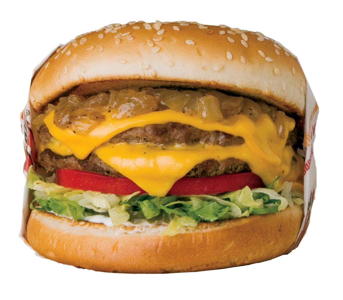 A Double Char from The Habit Grill features beef patties, caramelized onions, lettuce, tomatoes, mayo and cheese.