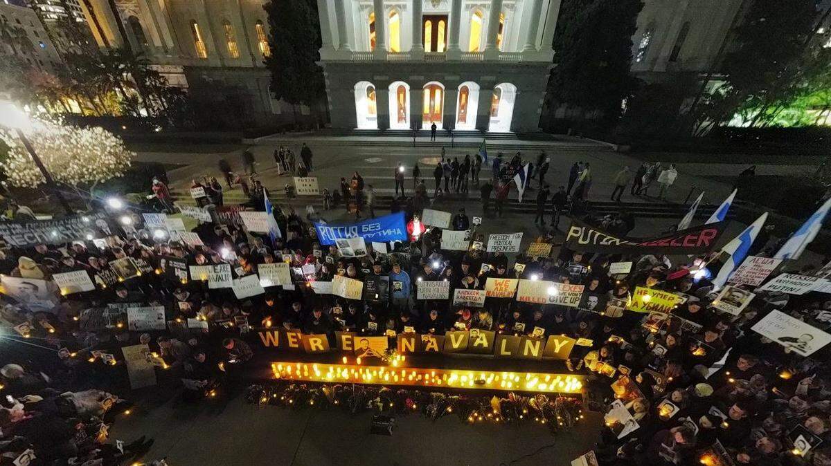 A protest vigil following the death of Russian opposition leader Alexei Navalny on the steps of the California state Capitol in Sacramento on Friday, Feb. 16, 2024. The protest was organized by Voices of Russian Opposition in Sacramento. The group says that Russian dictator Vladimir Putin is to blame for Navalny’s death.