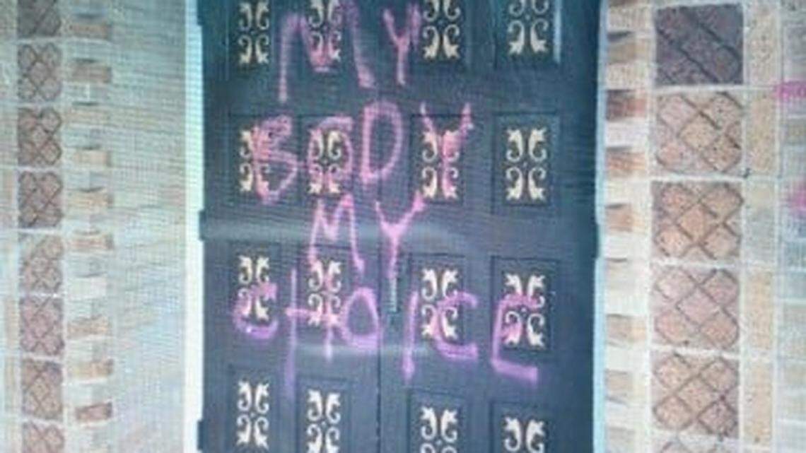 The St. Louis Catholic Church in Louisville, Colorado, was vandalized Sept. 5, 2021, by multiple people, the Louisville Police Department said. The church doors, a garden sign and walls on the building all had been spray-painted.