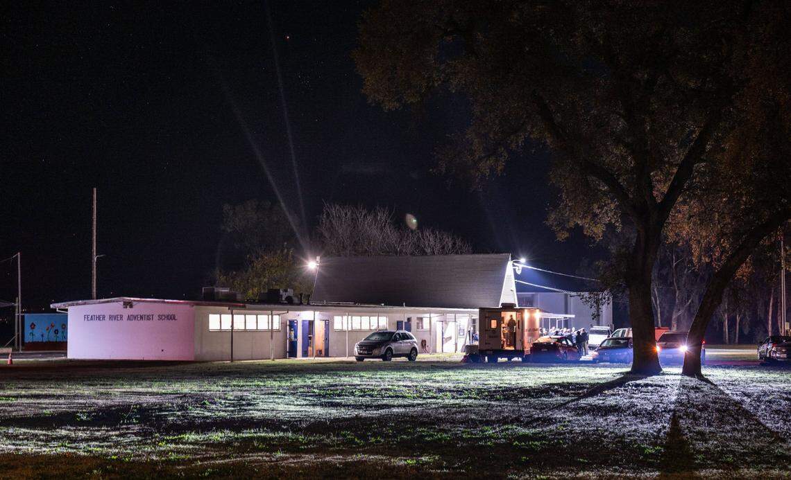 Crime scene investigators collect evidence at the shooting scene at Feather River Adventist School in Oroville on Wednesday, Dec. 4, 2024. Two boys, ages 5 and 6, were shot and are recovering at a Sacramento hospital according to Butte County Sheriff Kory Honea.
