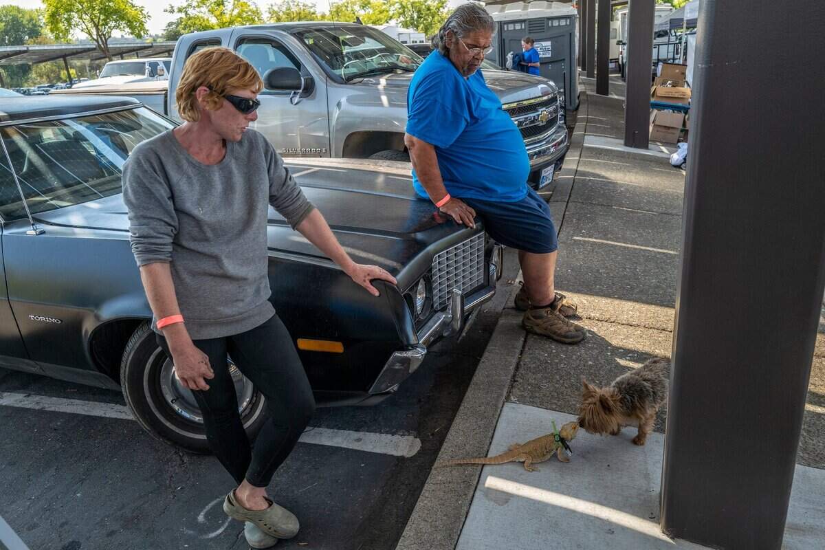 Katie McGee, left, and Timothy Huerta, 66, right, watch as McGee’s 5-year old lizard Dora and Huerta’s dog Cootie, a 14-year old Yorkie, adapt to their surroundings in Parking Lot B of Sierra College in Rocklin on Thursday. Both McGee and Huerta are Mosquito Fire evacuees from Hillcrest Mobile Home Park in Foresthill. McGee said she likes still having a sense of community and has been staying in the parking lot every day because sometimes people are upset and crying and “we all want to be around people we know.”