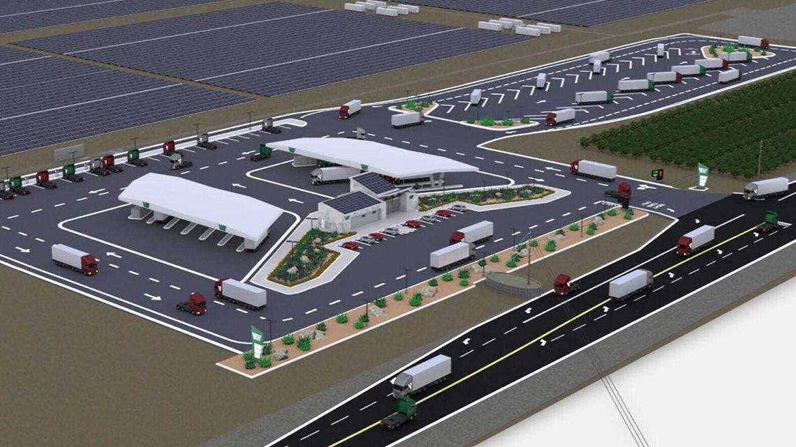 A rendering of a WattEV truck charging station being constructed in Bakersfield. The company announced it plans to build a similar facility near Sacramento International Airport that could have 120 chargers, making it the largest facility in the U.S.