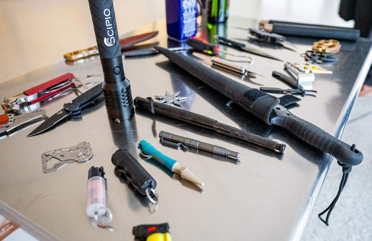 The Sacramento International Airport TSA lays out prohibited items that are frequently confiscated at the security checkpoints on December 20, 2022.