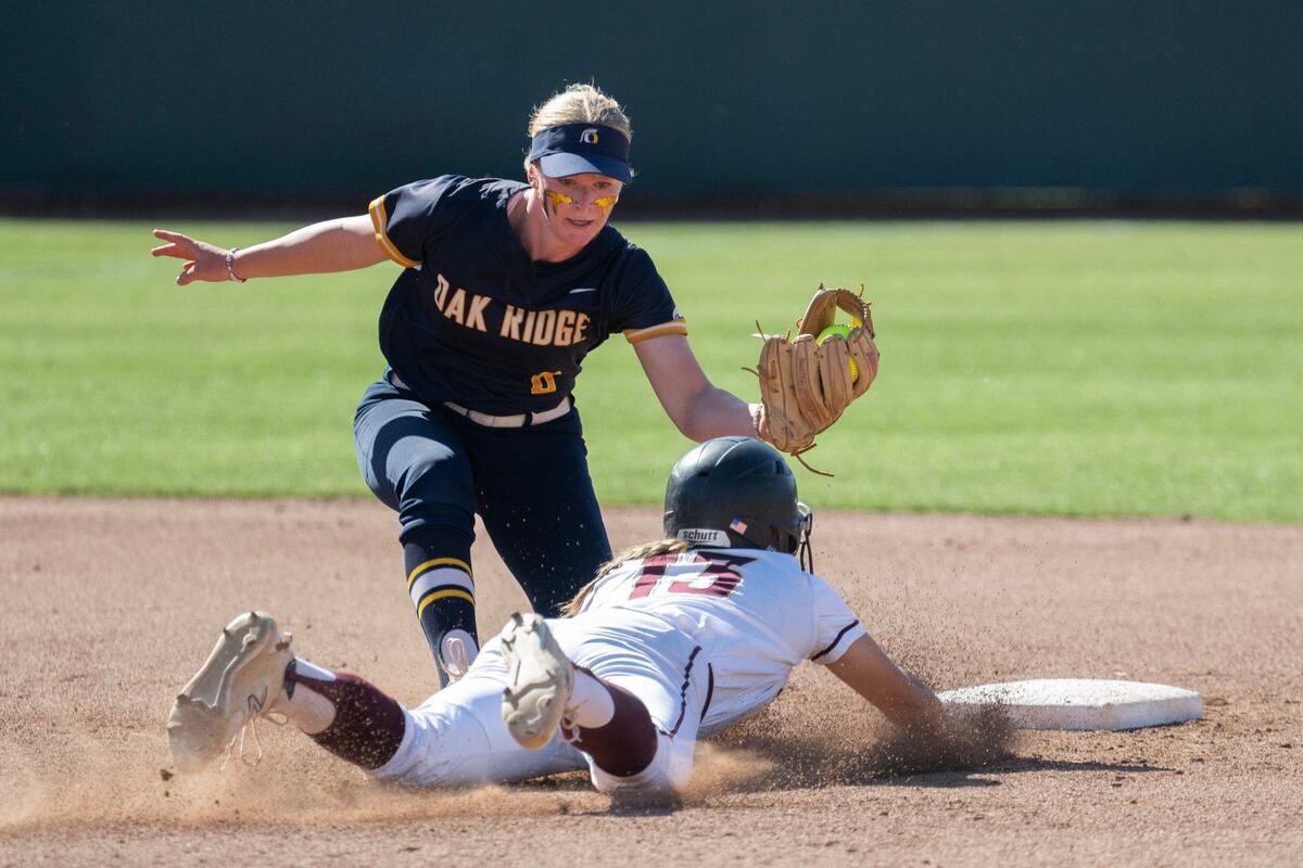 Oak Ridge shortstop Carly Short tags out a Whitney base runner at second base in the 2024 CIF Sac-Joaquin Section Division I softball championship game.