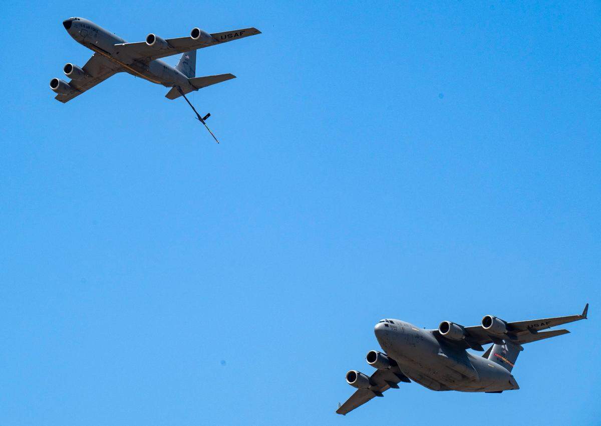 A KC-135 Stratotanker and a C-17 Globemaster III from the 97th Air Mobility Wing demonstrate in-flight refueling during the Air & Space Expo at Beale Air Force Base on Saturday, June 7, 2025