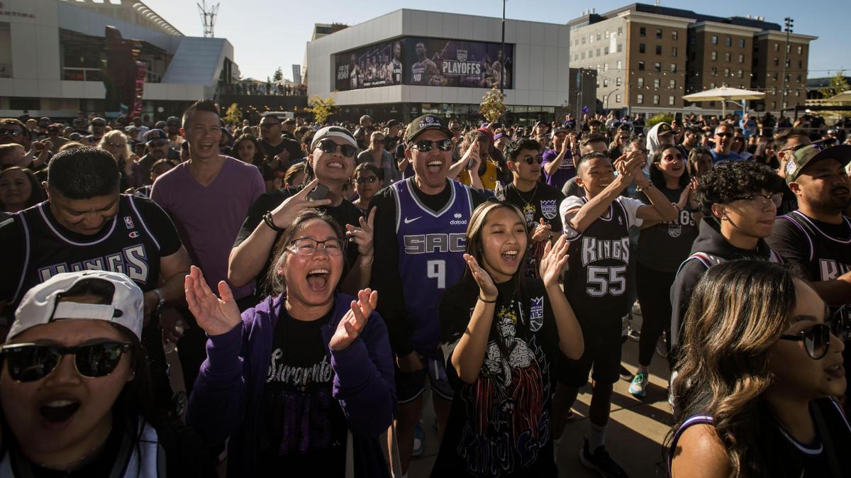 Sacramento Kings fans celebrate the tip-off to the 2023 playoffs with a rally outside Golden 1 Center on Friday, April 14, 2023, at DoCo. Kings personalities and entertainment teams helped fans usher in the momentous series ahead against the Golden State Warriors.