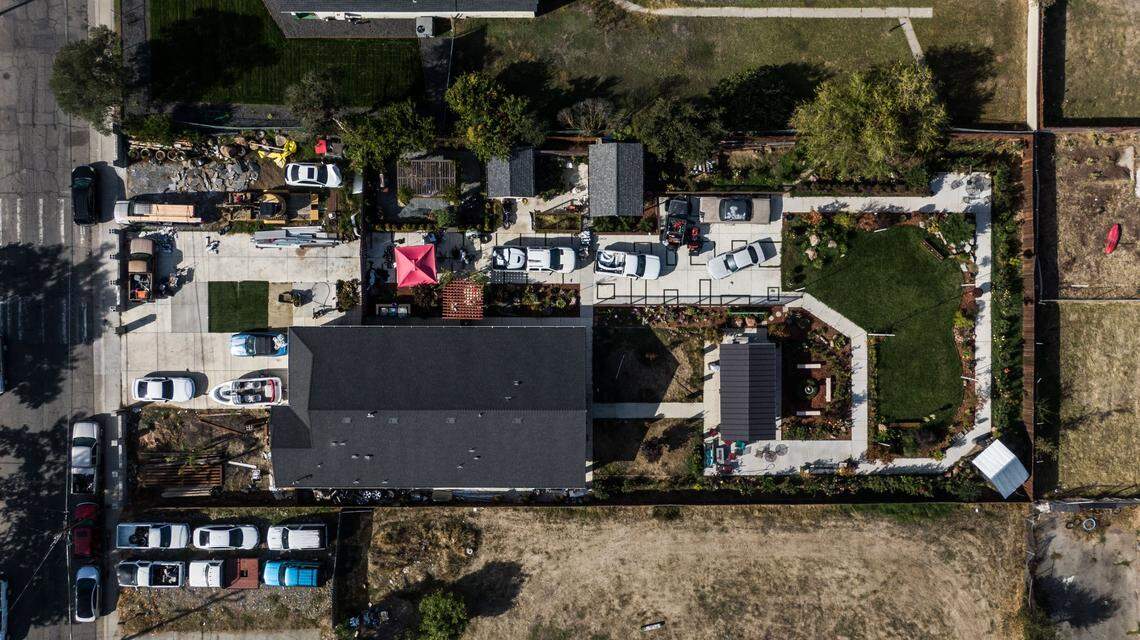 A drone view of Sacramento City Councilman Sean Loloee’s home in the city’s Hagginwood neighborhood on Wednesday, Nov. 1, 2023.