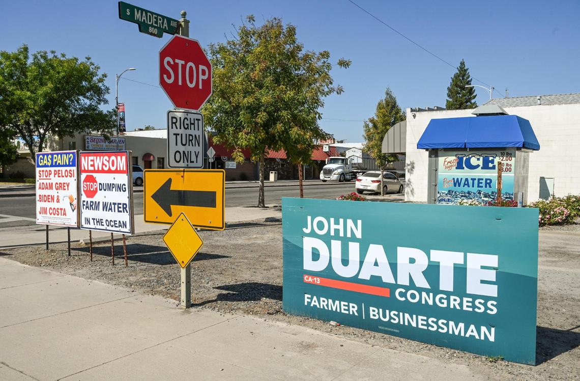 A campaign sign for Republican congressional candidate John Duarte stands in Kerman earlier this month. Kerman is now included in California’s 13th Congressional District where Democrat Adam Gray will be facing Republican John Duarte in the Nov. 8 midterm election.
