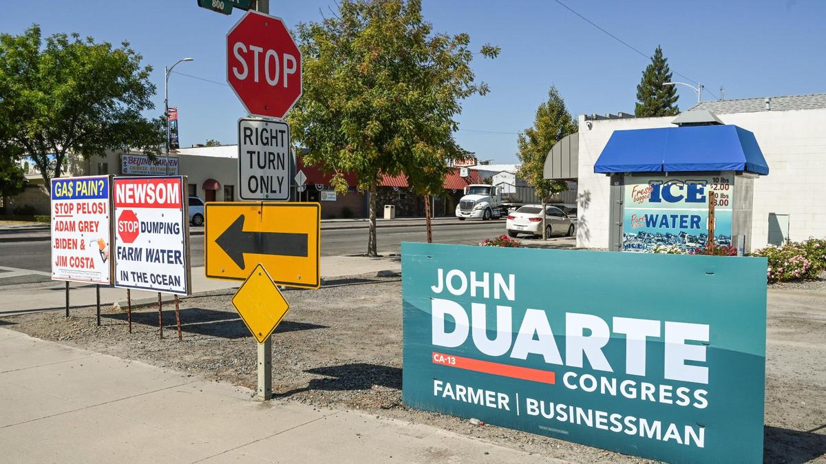 Campaign sign for Republican John Duarte in Kerman, California