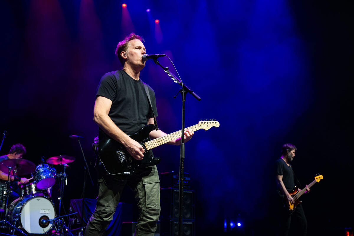 Lead vocalist Bret Domrose, drummer Robert Mailhouse and bassist Keanu Reeves perform as Dogstar on Saturday, Sept. 14, 2024, at the Hard Rock Live Sacramento near Wheatland.