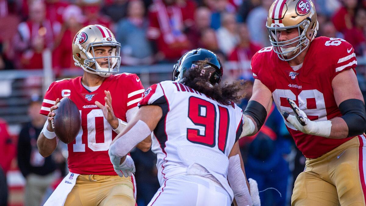 San Francisco 49ers quarterback Jimmy Garoppolo (10) looks downfield for open reciever during a game at Levi’s Stadium on Sunday, December 15, 2019 in Santa Clara.
