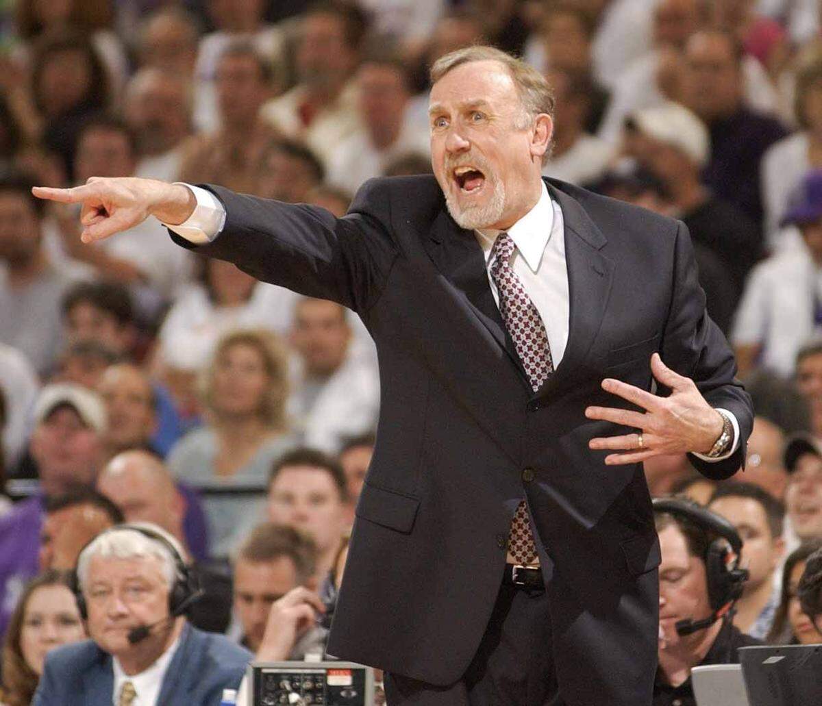 Sacramento King coach Rick Adelman reacts during Game 1 of the Western Conference Playoffs between the Utah Jazz and the Sacramento Kings at Arco Arena on April 19, 2003.